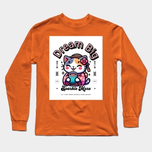 Dream Big, Sparkle more (cartoon kitty with cup) Long Sleeve T-Shirt